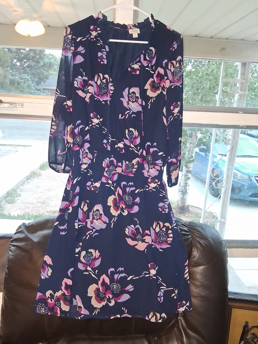 J. Crew Navy Long-Sleeve Floral V-Neck Dress with Pink & Purple Blooms